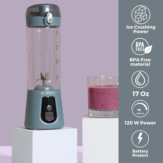 BLENDi Pro+ Portable Blender (New 2025 Model 17.5oz Gray) – Upgraded Ice Crushing 120W Motor USB-C Rechargeable Cordless Personal Blender for Smoothies &amp Shakes – BPA-FreeTravel-Friendly