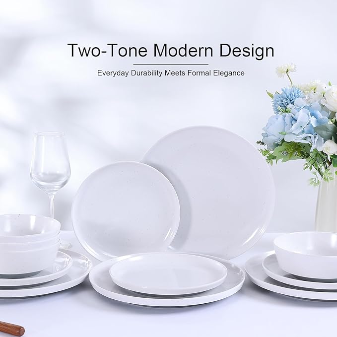 Webbylee 12-Piece Melamine Dinnerware Set for 4 – Unbreakable Plates &amp Bowls Lightweight Two-Tone White &amp Grey Ideal for Family Meals Camping Picnic Parties