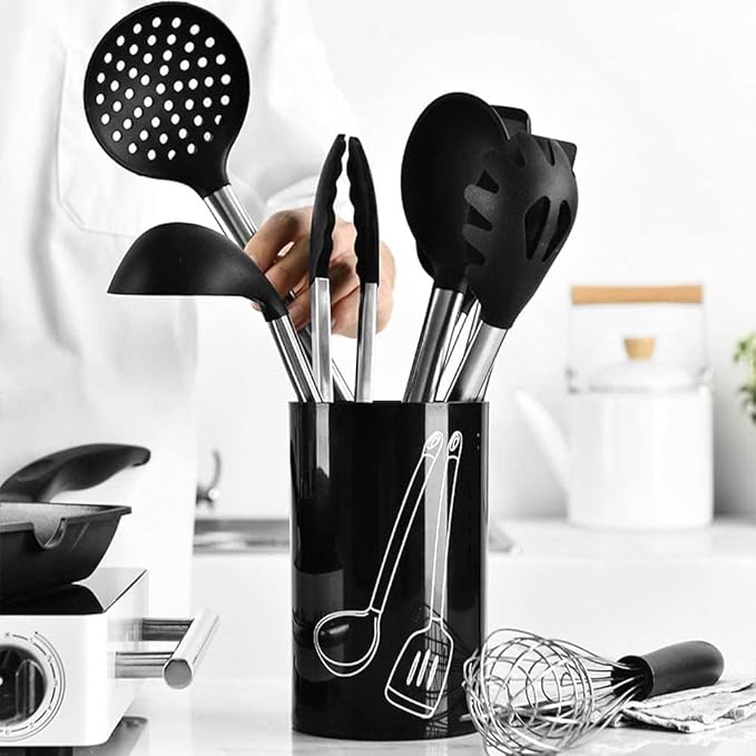 Kitchen Cooking Utensils Set 9-Piece Silicone Handle Cookware Set with Non-Stick Spatula Ladle Tongs Pasta Server Whisk &amp More Food-Grade Stainless Steel
