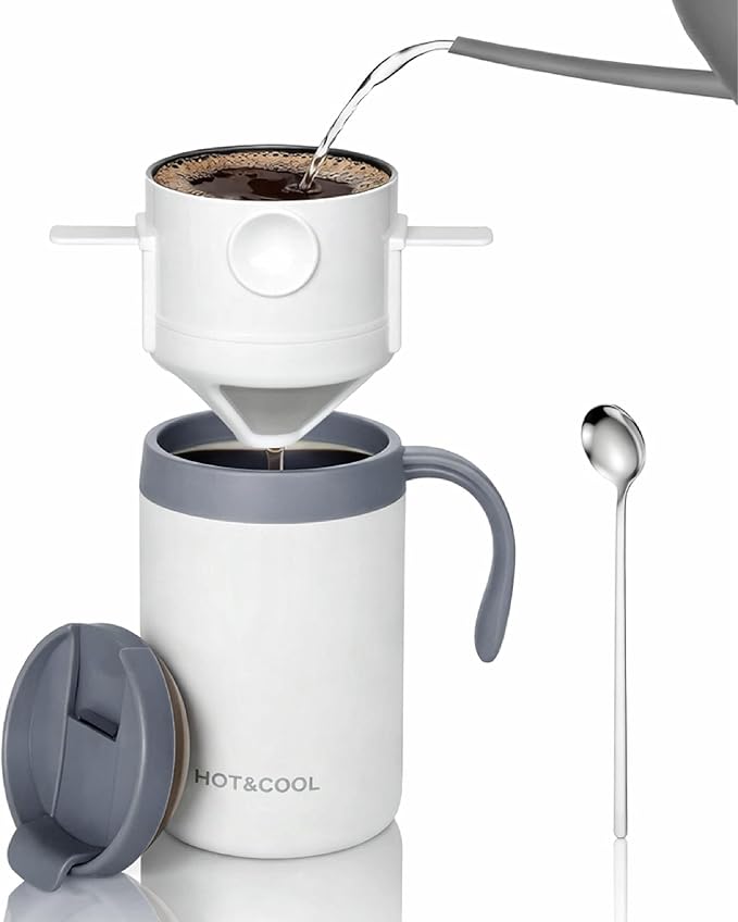 Pour Over Coffee Maker Set 16oz Stainless Steel Insulated Mug Foldable Filter for Camping Travel Office (White)