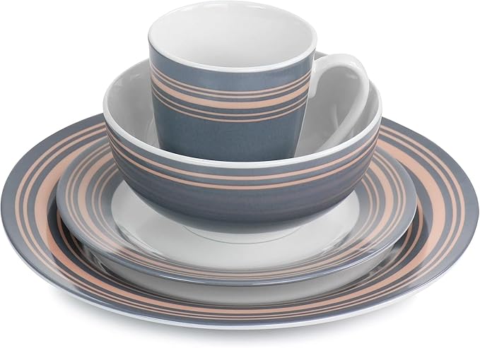 16-Piece Ceramic Dinnerware Set for 4 – Grey and Pink Plates Bowls &amp Mugs – Microwave &amp Dishwasher Safe Modern Everyday Tableware (Grey &amp Pink)