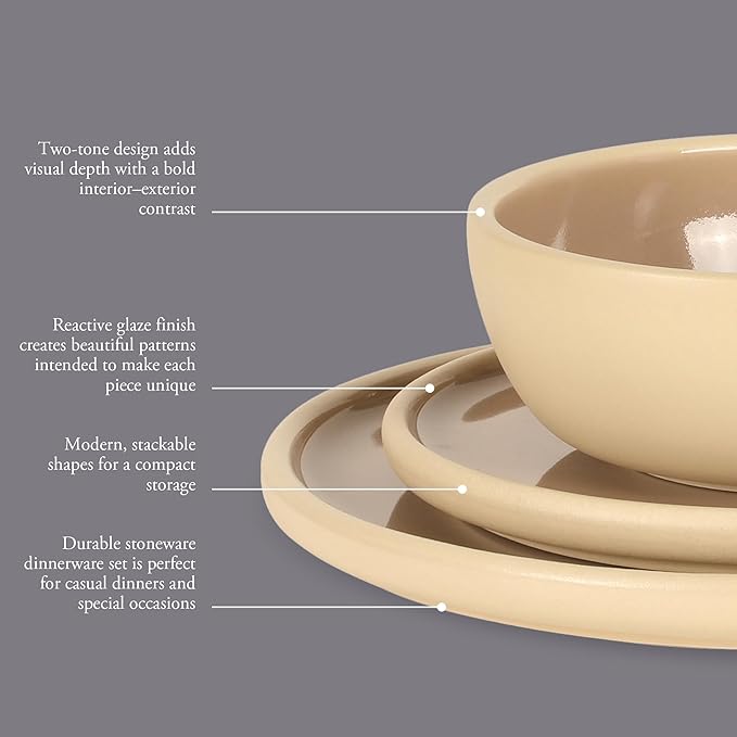 Gibson Elite - Made in Portugal - Port Gaia 12 Piece (Service for 4) Plates and Bowls Reactive Glaze Dishes Stoneware Ceramic Dinnerware Set - Taupe