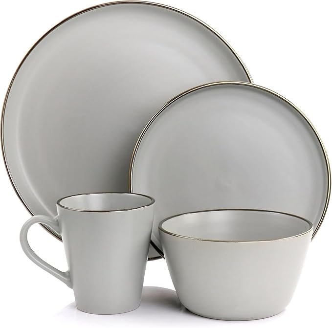 16 Piece Stoneware Dinnerware Set with Gold Rim – Matte Black White &amp Slate Plates Bowls and Mugs – Microwave &amp Dishwasher Safe Tableware Set for 4 (Matte Slate)