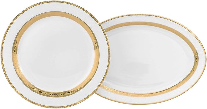Royalty Porcelain White 57pc Dinner Set Gold Celtic Strip Bone China Porcelain