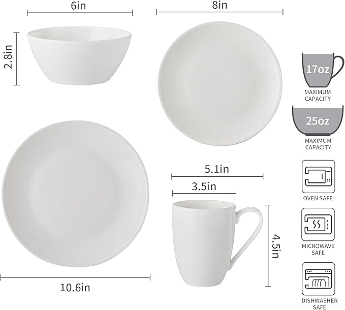 Silvanest16 Piece Bone China Dinnerware Set Embossed Plates Bowls Chip-Resistant Lightweight Elegant and Durable Service for 4 White