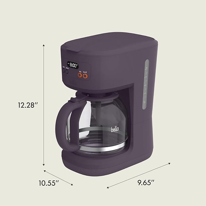 bella 12 Cup Programmable Coffee Marker Reusable Dishwasher Safe Accessories Easy LCD diaply Auto Shutoff 900 watt Plum