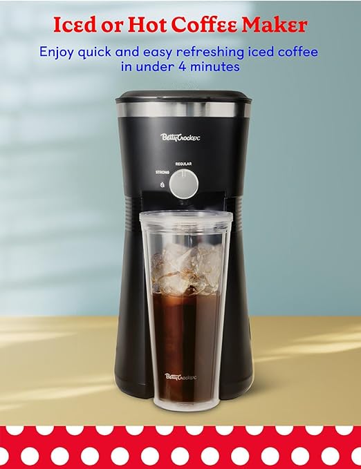 Betty Crocker Coffee Maker for Iced &amp Hot Brew Brews in 4 Minutes Compact Iced Coffee Machine with Chrome Accents Reusable Filter BPA-Free 20-Oz Tumbler &amp Straw BC-4869B Black
