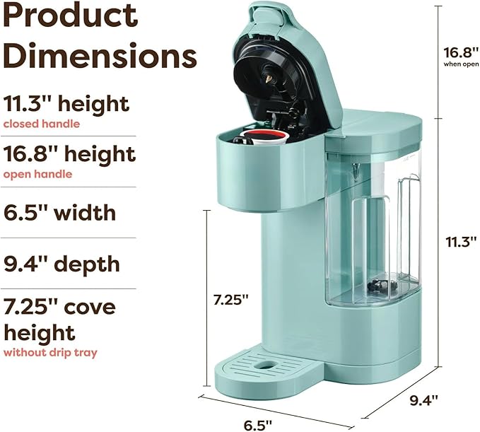 Express Essentials Single-Serve Cup Pod Coffee Maker 3 Cup Sizes Fast Fresh Brew 30oz Removable Water Reservoir Travel Mug Friendly Maintenance Alert Space-Saving (Seafoam Green)