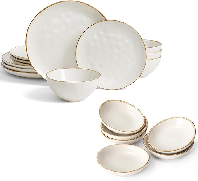 Famiware Ocean Round 12 Pieces Dinnerware Set + 6 Pieces Dipping Bowl Set Microwave and Dishwasher Safe Vanilla White