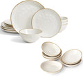 Famiware Ocean Round 12 Pieces Dinnerware Set + 6 Pieces Dipping Bowl Set Microwave and Dishwasher Safe Vanilla White