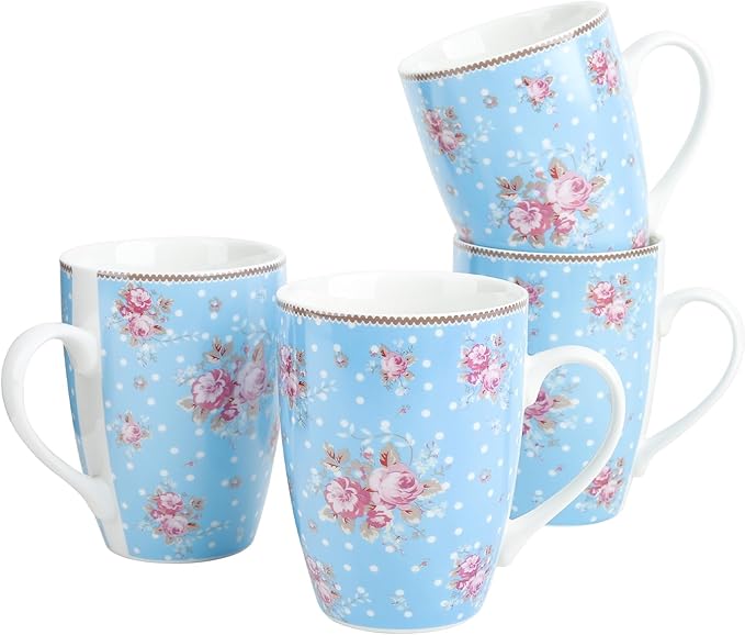 fanquare 10 Ounce Blue Floral Polka Dot Mug Set of 4 Ceramic Coffee/Tea Mugs with Pink Flower Pattern Cute Drinkware for Home Office Microwave &amp Dishwasher Safe