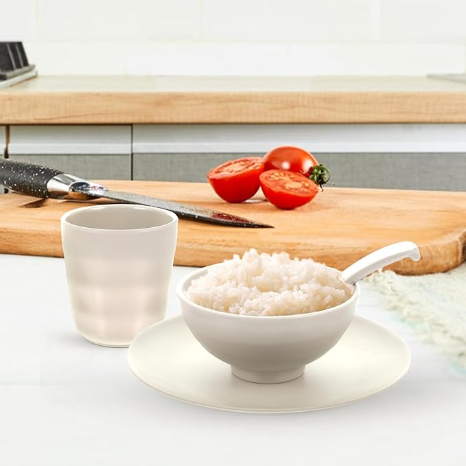 Unbreakable Dinnerware Set 4pcs Soup Rice Bowl Cup Plate Kit Matte Light Beige Melamine Tableware for Kitchen and Dining Anti-fall Lightweight Bowls and Plates for Family Use