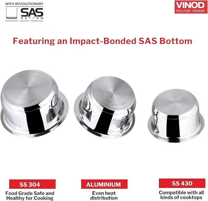 Vinod Stainless Steel 3 pc Pot Set with Capacity of 1.4 litres 1.8 litres &amp 2.2 litres with Stainless Steel Lids (Gas Stove and Induction Friendly) - Silver