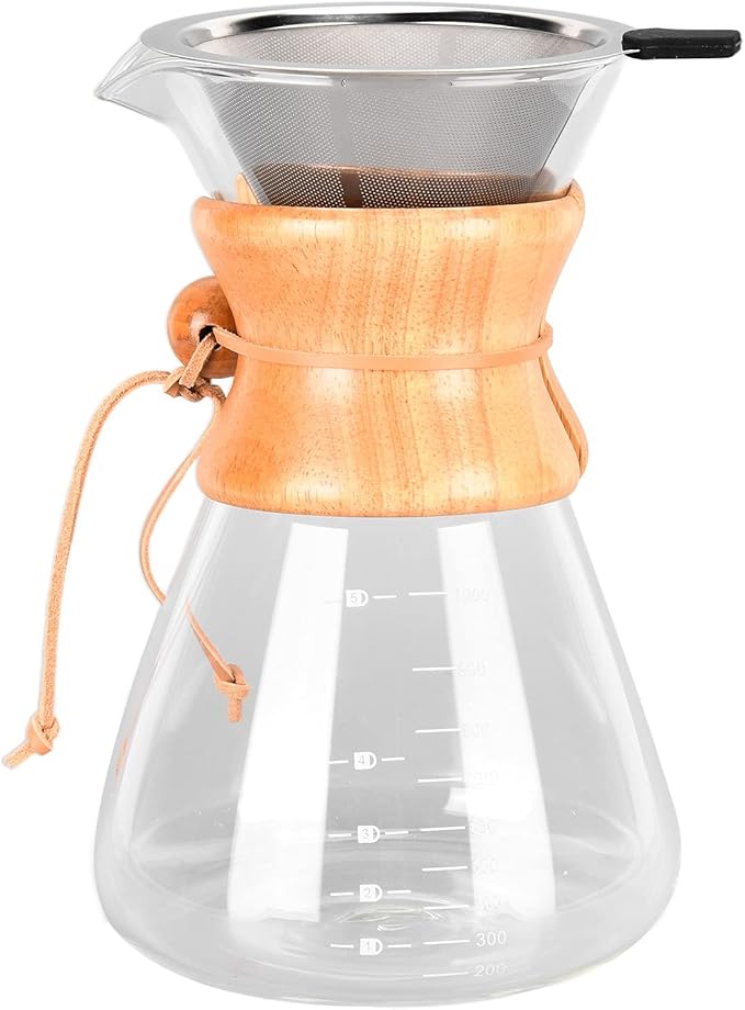 Pour Over Coffee Maker Coffee Dripper Brewer Paperless Glass Carafe Coffee Pot with Stainless Steel Filter &amp Wood Sleeve for Home Travel(1000ml)