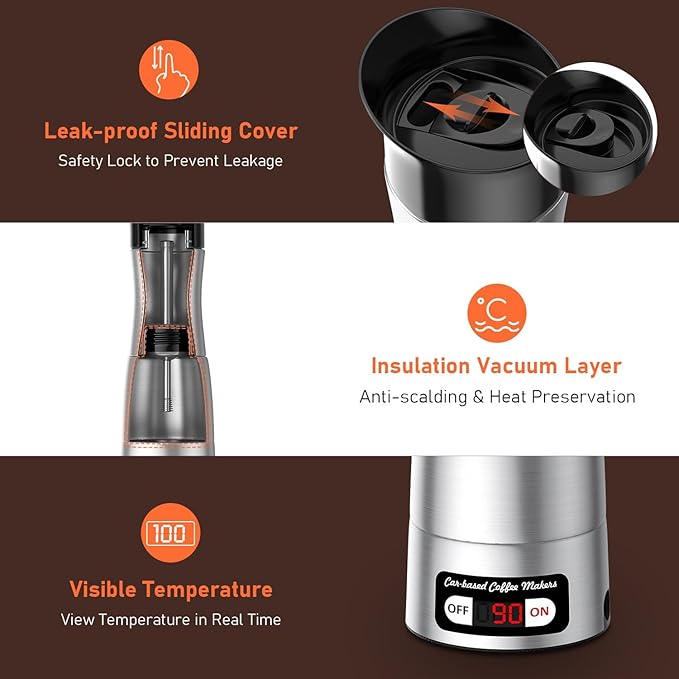 12V Coffee Maker for Car Portable Coffee Maker with 24V for Truck Stainless Steel Self-Heating 150ml Car Espresso Machine for Camping RV Travel