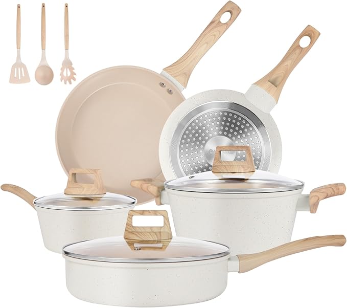 Pots and Pans Set Non Stick Non-Toxic Ceramic Cookware Set 11pcs Induction Cookware Kitchen Cooking Set with Frying Pans Saucepan Stock Pot PFOA Free &amp PFOS Free Cream Color