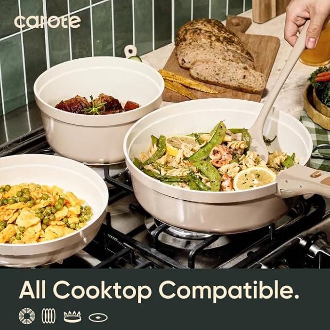 CAROTE 18 Pcs Ceramic Cookware Set Titanium Nonstick with Detachable Handles Non Toxic Cookware Pots and Pans Set Non Stick Removable Handles Induction Available Kitchen Cooking Dishwasher Safe
