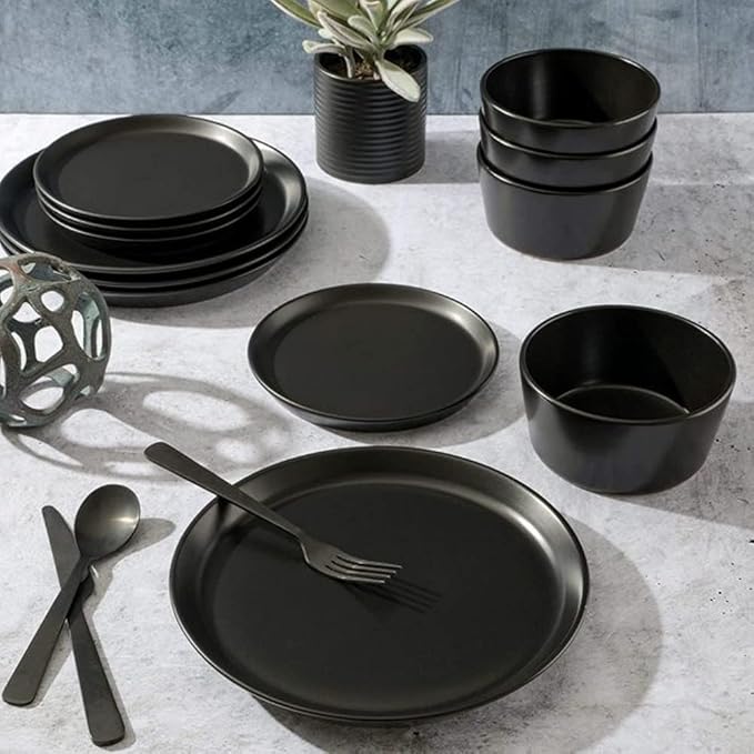 Stackable Design 12 Piece Elegant Stoneware Dinnerware Set For 4 Matte Glaze Finish | Unique Lipped Rim Design On Plates Microwave &amp Dishwasher Safe | Modern Luxury Appearance Matte Black Shade