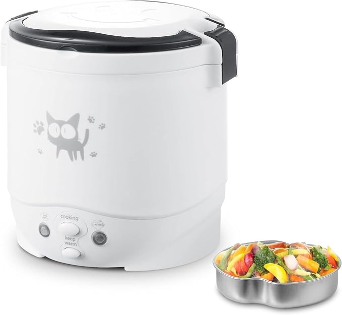 Mini Rice Cooker 12V 100W 1L Portable Electric Multifunctional Rice Cooker Food Steamer Meal Heater Food Warmer for Travel (White)
