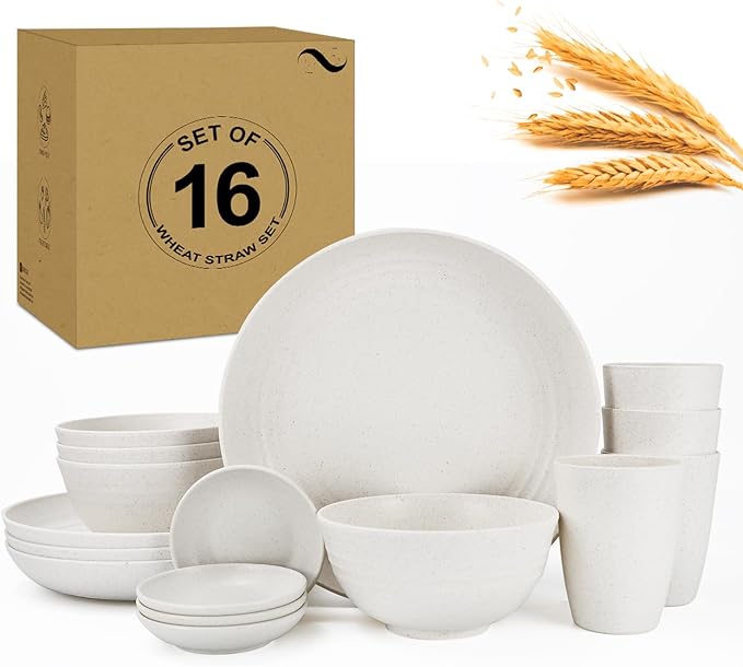 Premium Wheat Straw Dinnerware Sets for 4 Microwave Safe Plates and Bowls Sets 16-PieceUnbreakable and Lightweight Dinner Plates for KitchenPicnic and PartyPlates SetCups Set(White)