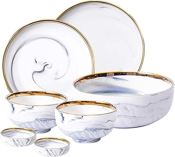 7-Piece d Edged Marble Dinnerware Set - Compact Kitchen T for 2 with Round Ceramic Plates and Sauce Bowls