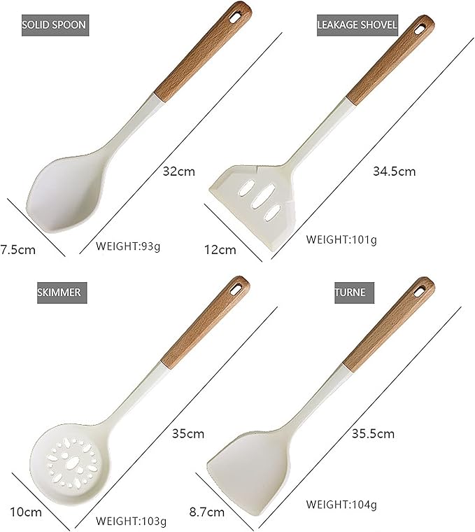 13 Piece White Wooden Handle Utensils Set Silicone Non-Stick Cookware Available Non-Scalding Handle Kitchen Set Home Cooking Baking Complete Set with Storage Bucket