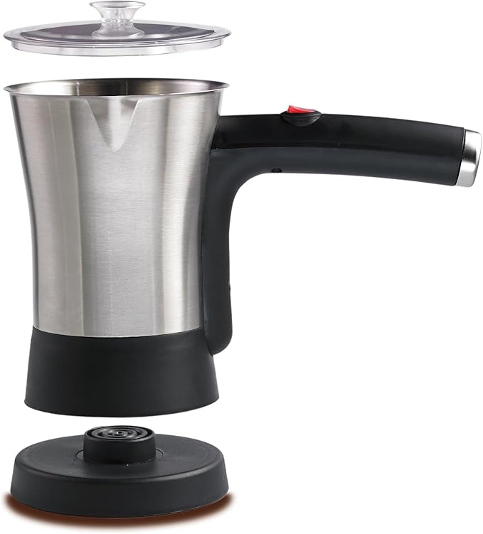 Electric Turkish Coffee Maker with 800W Heating Element – 4 Cup Stainless Steel Pot with Swivel Base One-Hand Operation &amp Boil Dry Protection