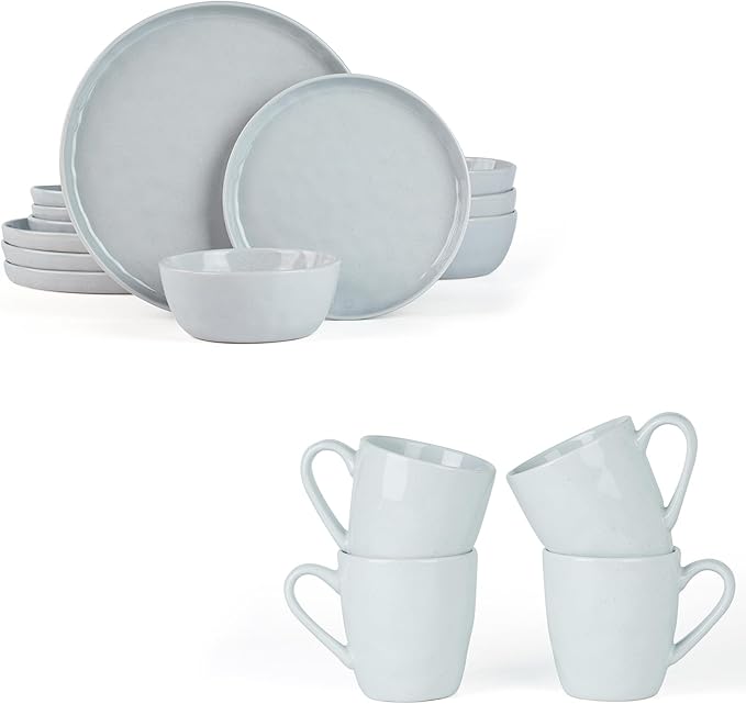 Famiware Mars Plates and Bowls Set for 4 4-Piece 14 oz Coffee Mug 16-Piece Stoneware Dinnerware Sets Light Gray