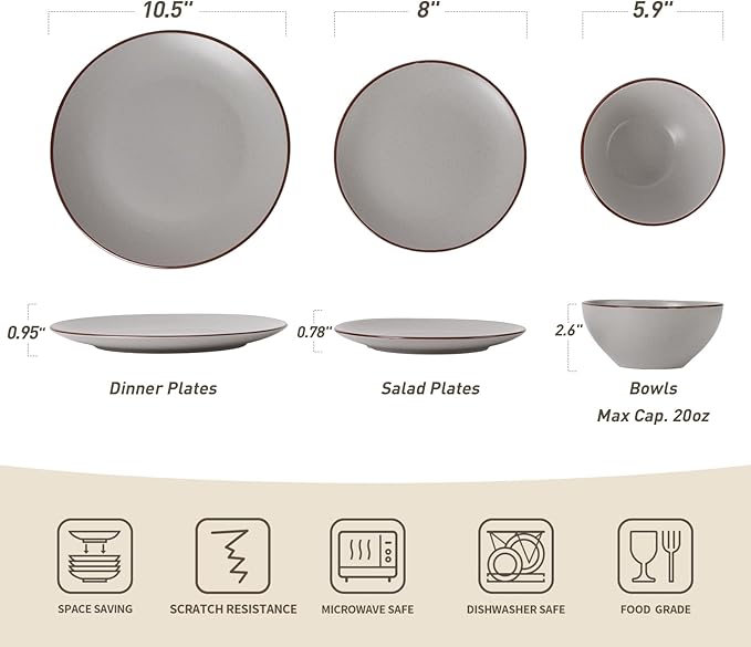 Famiware Venus Plates and Bowls Sets with Coffee Mugs Set 18 Pieces Stoneware Dinnerware Sets Ligth Gray
