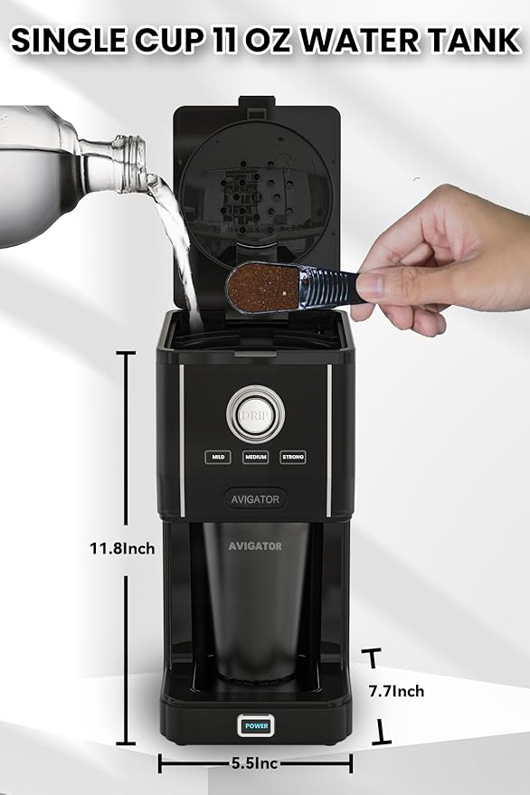 Single Serve Coffee Maker with 11oz. Travel Coffee Mug Stainless Steel Brew Strenth Adjustable Permanent Filter Black