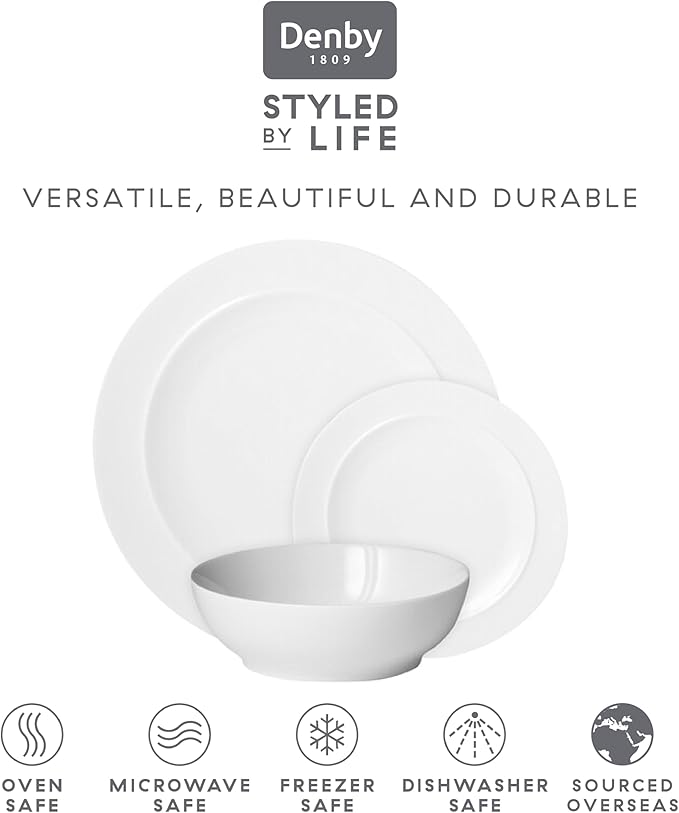 Denby - White By Denby Dinner Set For 4-12 Piece Tableware Set - Fine Porcelain Dinnerware Set - Dishwasher Microwave Oven Safe Scratch Resistant - 4 x Dinner Plates Small Plates &amp Cereal Bowls