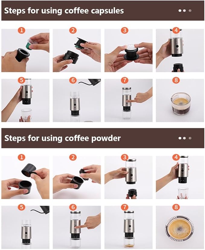 Portable Espresso Machine 2 in 1 Travel Coffee Machine Compatible with Cup Capsules and Ground Coffee Water Tank Capacity 100ml Portable USB Charging Suitable for Camping HikingBlack