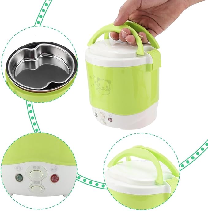 1L Mini Rice Cooker 12v Electric Lunch Box Portable Travel Rice Cooker for Car Multifunctional Electric Food Steamer for Travel Camping (green)