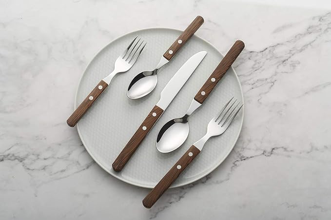 ANNOVA 20 Piece Silverware Set Service for 4 Stainless Steel Retro/Rivet Walnut Wood Tableware Kitchen Flatware Set Utensils Includes Dinner Knives Forks Spoons Salad Forks &amp Dessert Spoons