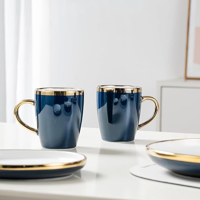 Stoneware Tableware Set for 4 Ceramic Dinnerware Sets with Gold Trim Including 10.5 Dinner Plates 7.75 Dessert Plates 6 Dinner Plates and 14oz Coffee Cups Porcelain (Blue Glod)