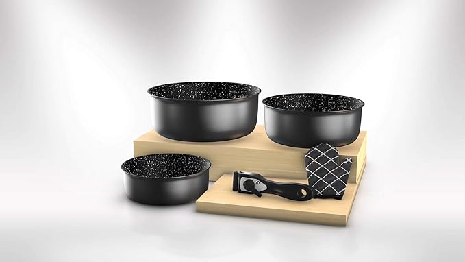 HG 8051 BLK Cookware Set Induction Saucepan and Pan Set for All Heat Sources - 5-Piece Kitchen Set with Marble Coating and Removable Handle - Black