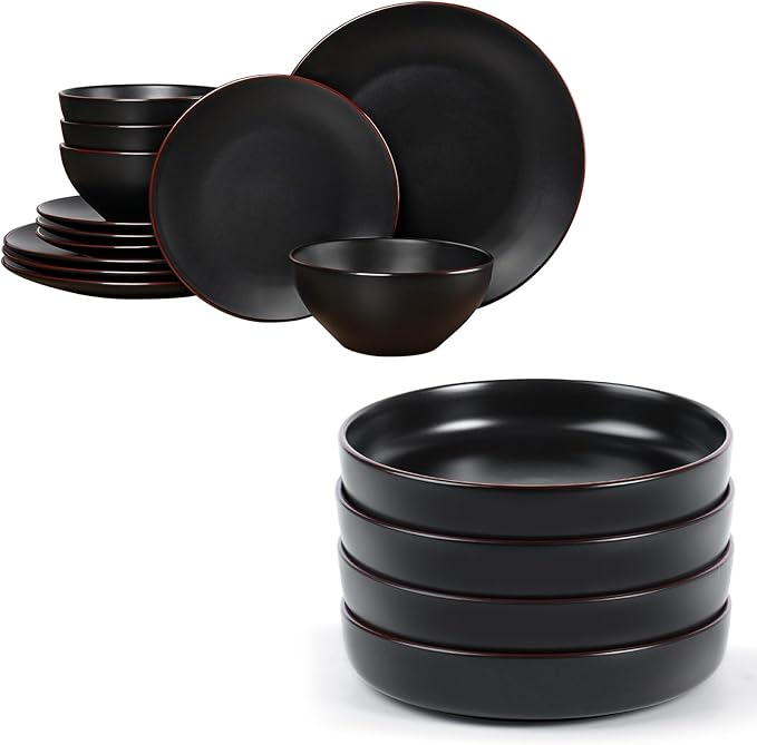 Famiware Venus Dinnerware Sets and Mercury Pasta Bowls Set of 4 16 Pieces Plates and Bowls Sets Microwave and Dishwasher Safe Black