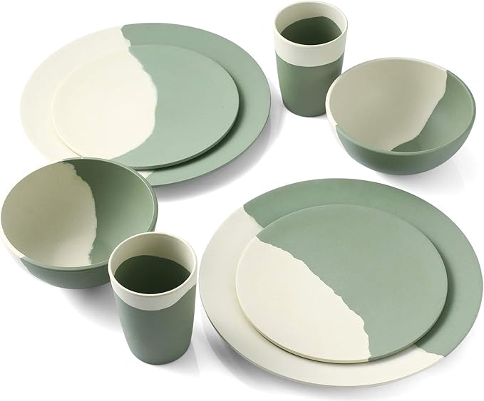 MORGIANA 8 pcs Bamboo Dinnerware Set Reusable Plates Bowls Sets Camping Picnic Dishes Tableware Set for 2 (Green &amp White)