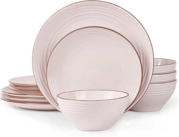 Famiware Jupiter Stoneware Dinnerware Sets Handcrafted Plates and Bowls with Embossed Swirl &amp Speckles Pink - Chip &amp Scratch Resistant Dishwasher &amp Microwave Safe Modern Dishes for 4 (1