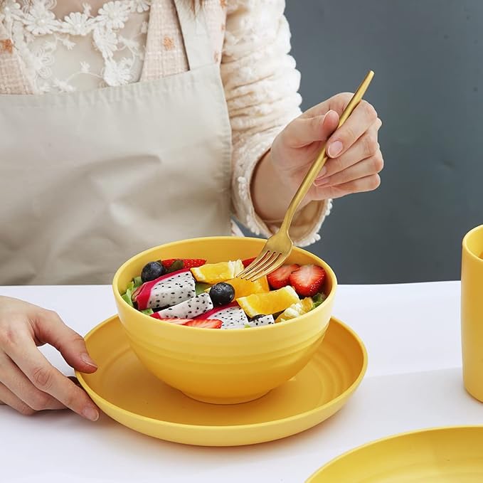 Kyraton Plastic Dinnerware Set of 16 Pieces Unbreakable And Reusable Light Weight Plates Mugs Bowls Dishes Easy to Carry And Clean Microwave Safe BPA Free Dishwasher Safe Service For 4 (Gold Yellow)