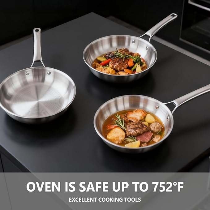 Bonnlo 5 Pieces Cookware Set 3-Ply Stainless Steel Skillets Set with Lids Chef's Pan Kitchen Set Oven &amp Dishwasher Safe Induction Cooking Set PFOA &amp PTFE Free Compatible for All Cooktops