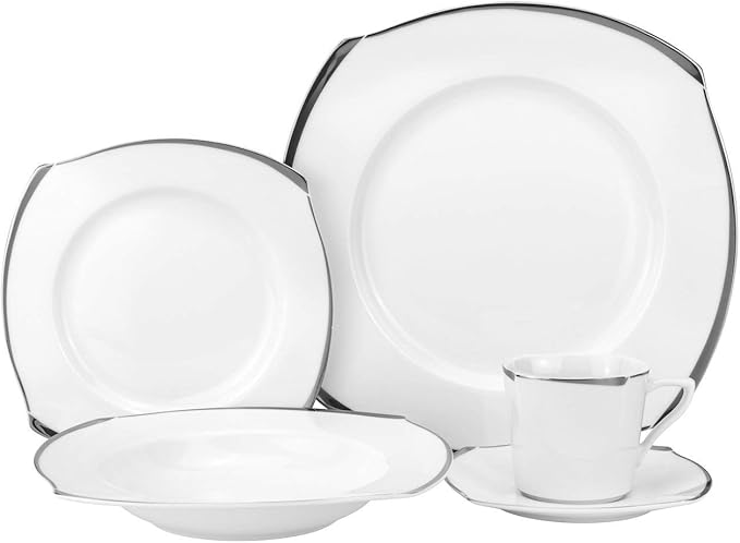 Royalty Porcelain Fancy Square 20pc Dinnerware Set 'Platinum Wave' Bone China