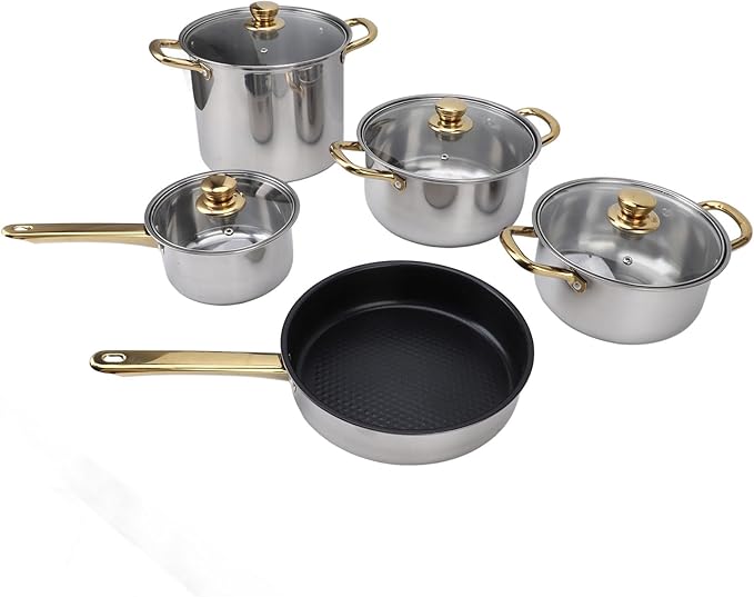 Stainless Steel Pots and Pans Set Golden Handle Multifunctional Cookware Set Kitchen Cooking Pots Glass Lids