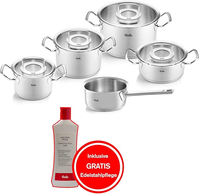 Fissler Original Profi Collection Stainless Steel Cooking Pot Set 5 Pieces with Glass Lid + Free Stainless Steel Care Induction Silver