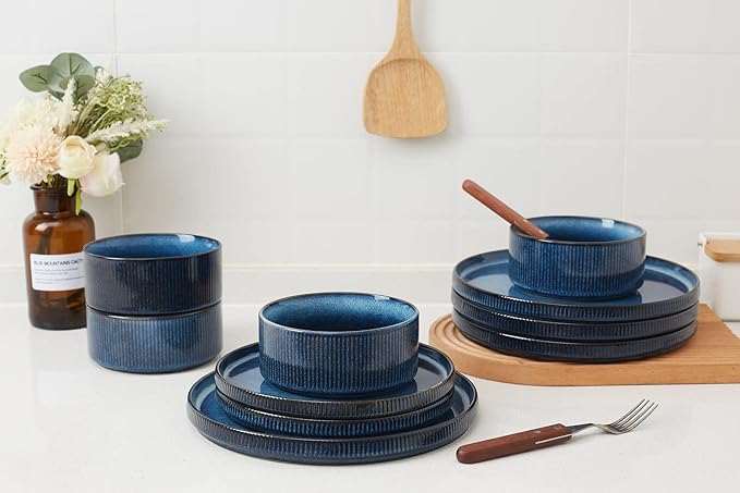 Famiware Star Dinnerware Set and Pasta Bowls with Coffee Mugs Set Service for 4 (20 Pieces) - Stoneware Dinnerware Dishes Nebulas Blue
