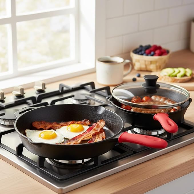 9-Piece Cast Iron Skillet Set with Lids 6/8/10 Inch Skillets &amp Red Silicone Holders Stovetop Oven Grill Multipurpose Cast Iron Cookware Set