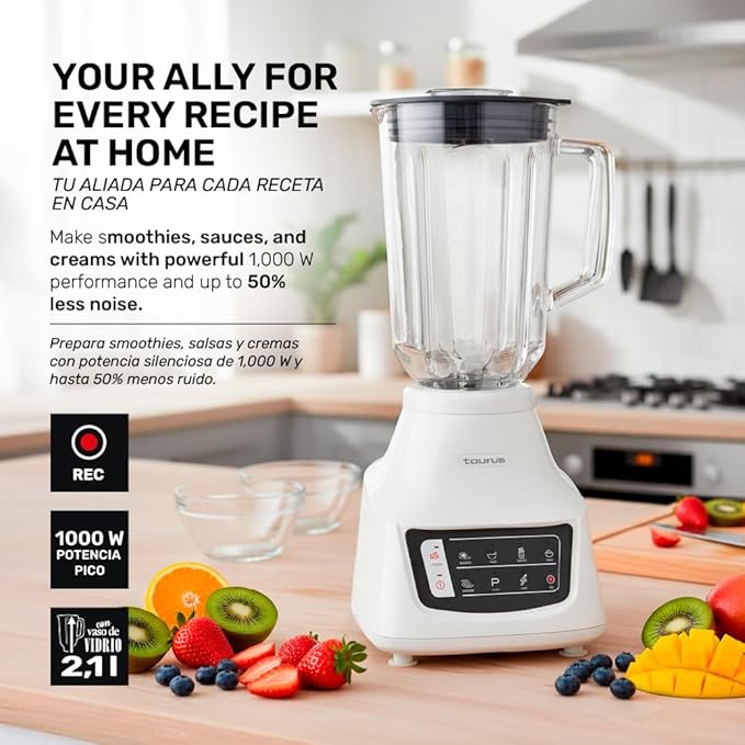 Taurus Potenza Comfort Blender 1050W 1.5L Glass Jar Up to 50% Less Noise Stainless Steel Blades 9 Speed Settings Quiet Powerful Blender for Smoothies Ice and Frozen Drinks