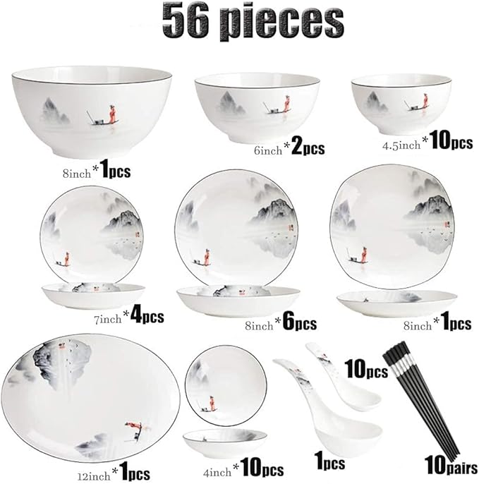Dinnerware Sets Plates and Bowl Sets Dinnerware Set Porcelain Tableware Bone China Porcelain - White Series Ink Painting Landscape Series-Lake 56 Pieces For10