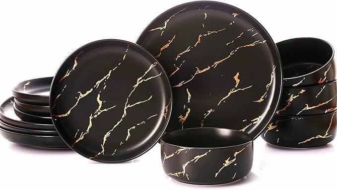 Black Gold Splash Dinnerware Sets Marble Porcelain Plates and Bowls Sets Modern Luxury Dish Set for 4 12 Pieces Fine China Plates Set for Formal Dinners and Anniversaries