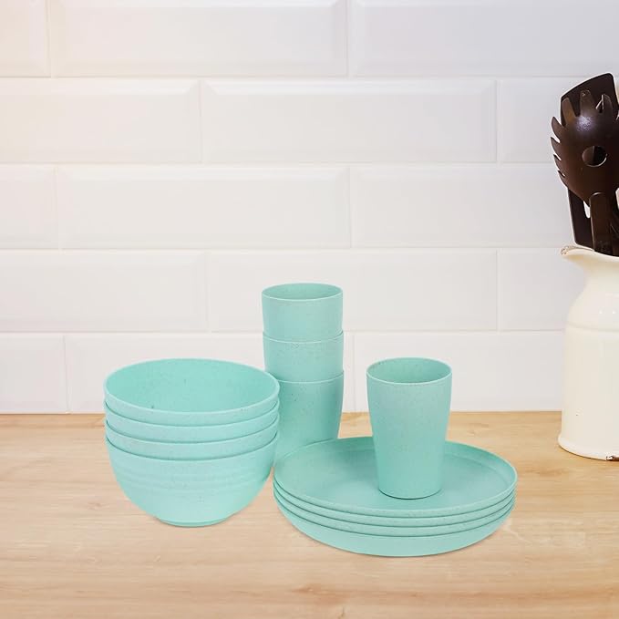 12pcs Wheat Straw Dinnerware Set with Plates and Bowls Microwave Safe Lightweight Reusable Eco-Friendly Tableware for Camping and Outdoor Use (Green)